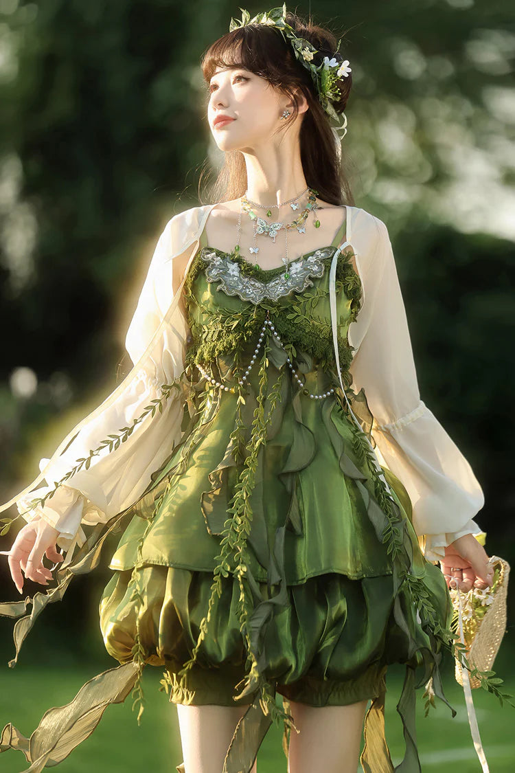 Sweet Lolita Green Forest Elf with Leaf Embellished Ruffle Asymmetrical Dress
