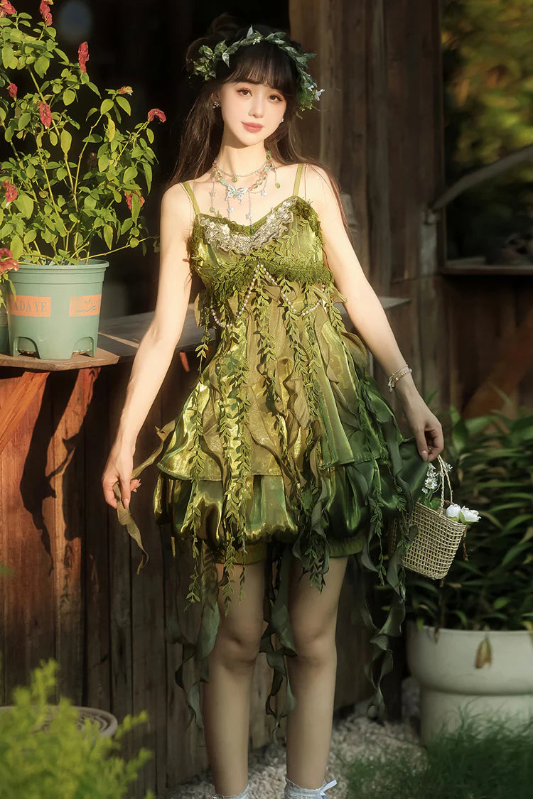 Sweet Lolita Green Forest Elf with Leaf Embellished Ruffle Asymmetrical Dress