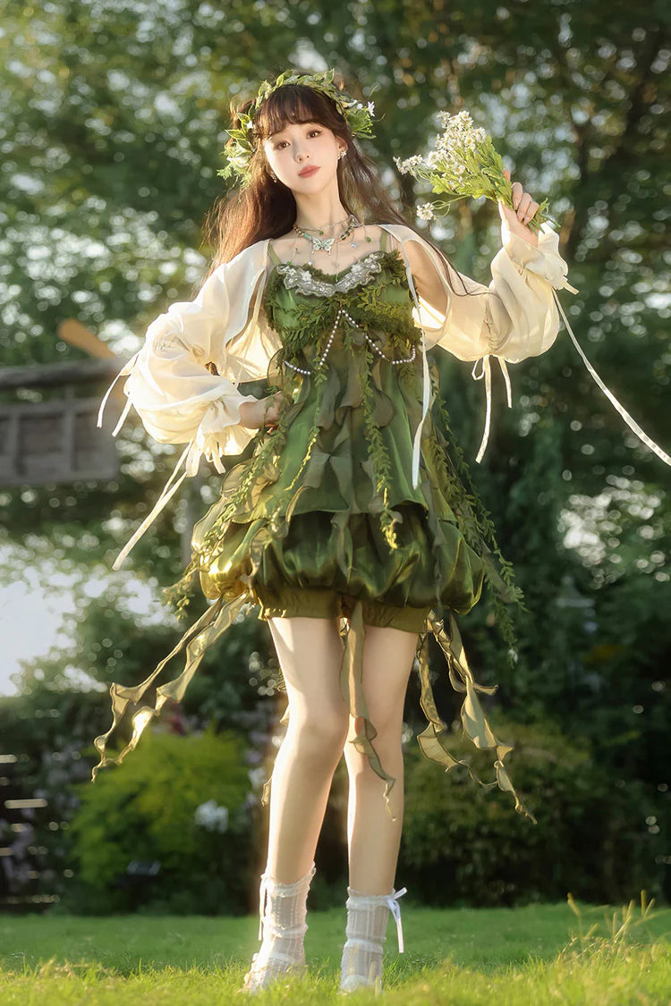 Sweet Lolita Green Forest Elf with Leaf Embellished Ruffle Asymmetrical Dress