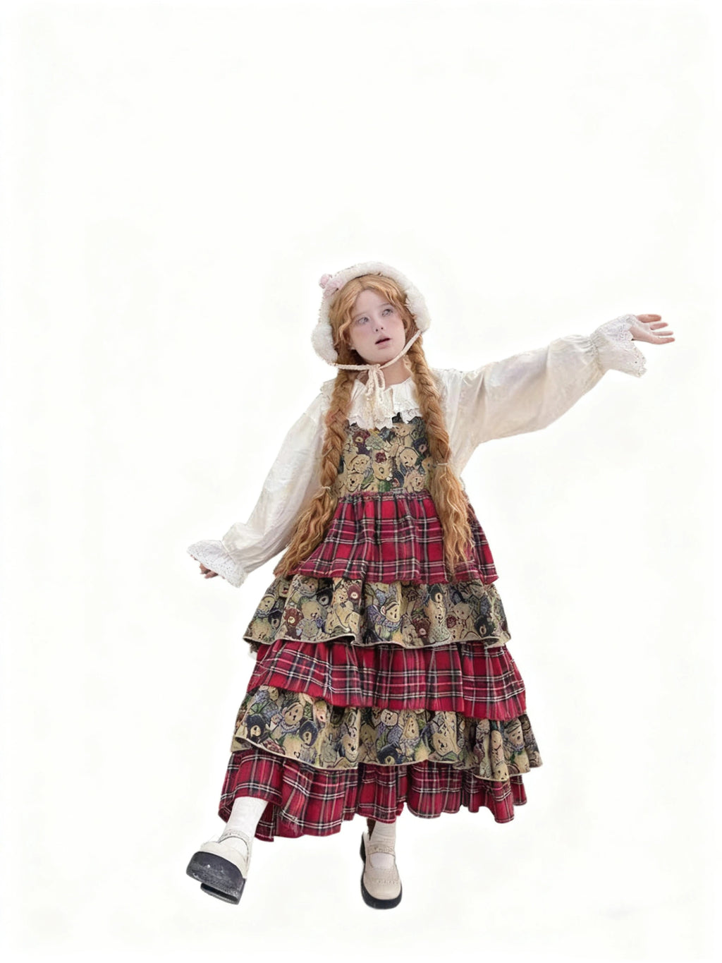 Sweet Lolita Japanese Retro Red Plaid Skirt Fall Winter Cake Skirt for Christmas