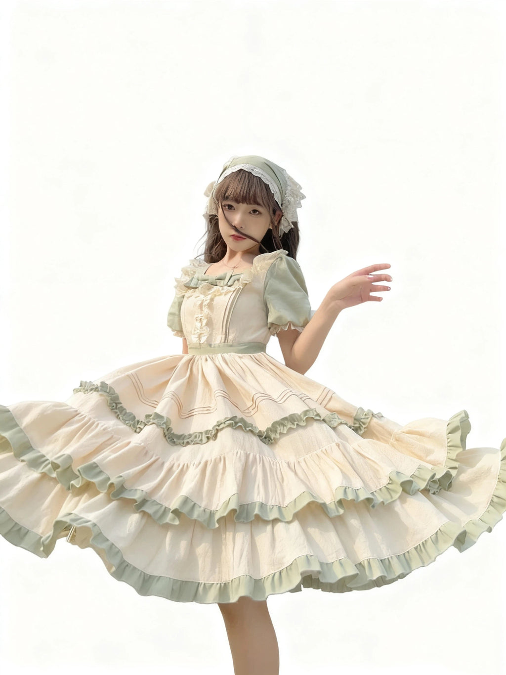 Sweet Lolita Maid Green Forest Ruffle Country Style Long Cake Layer Dress Daily