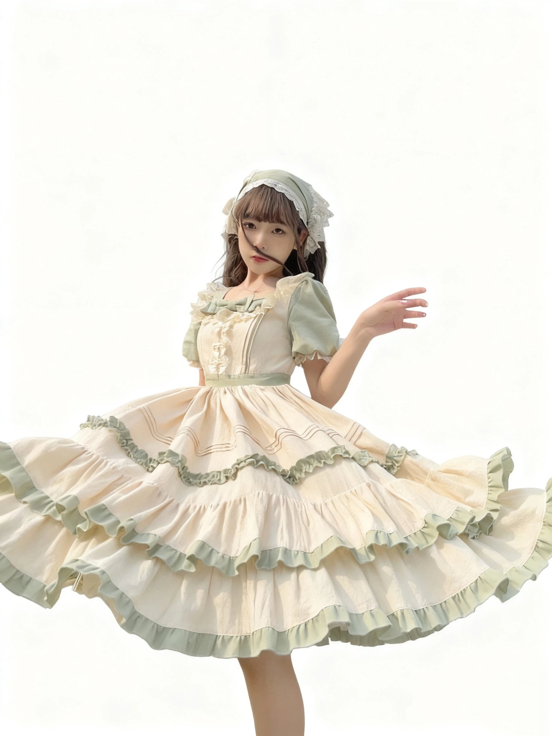 Sweet Lolita Maid Green Forest Ruffle Country Style Long Cake Layer Dress Daily