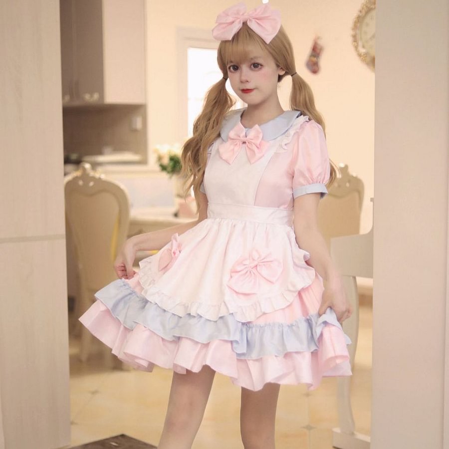 Sweet Lolita Maid Japanese Pink Cream Sweetheart 5XL Plus Size with Apron 2 Colors