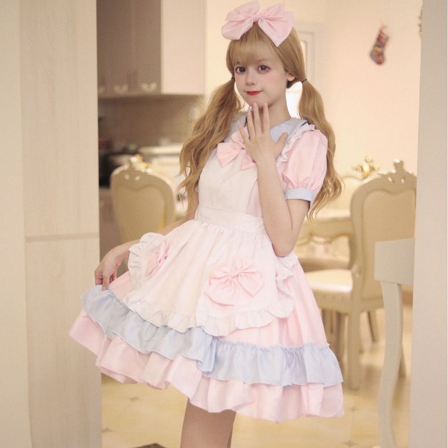 Sweet Lolita Maid Japanese Pink Cream Sweetheart 5XL Plus Size with Apron 2 Colors