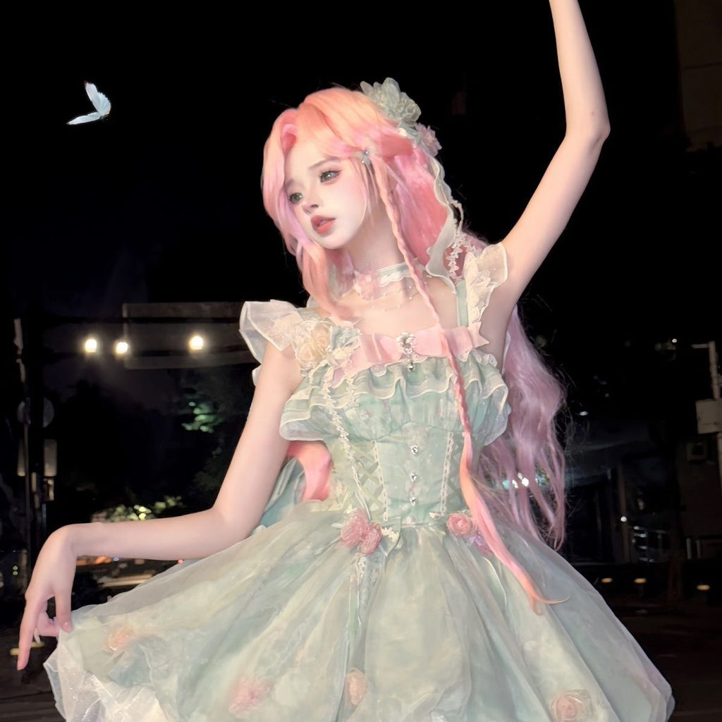 Sweet Lolita Mori Kei Fashion Green Flower Fairy Princess Bud Dress
