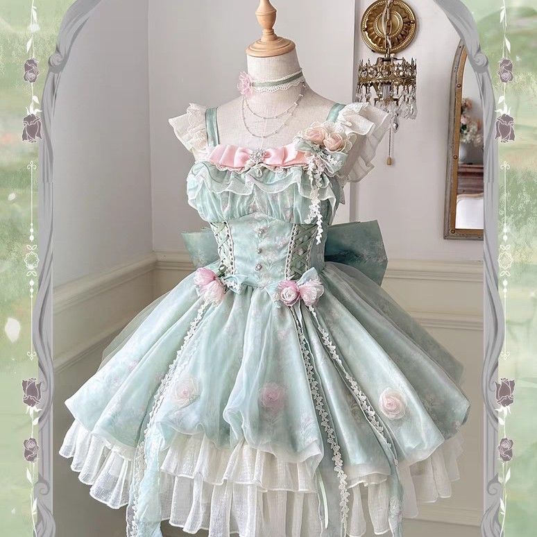 Sweet Lolita Mori Kei Fashion Green Flower Fairy Princess Bud Dress