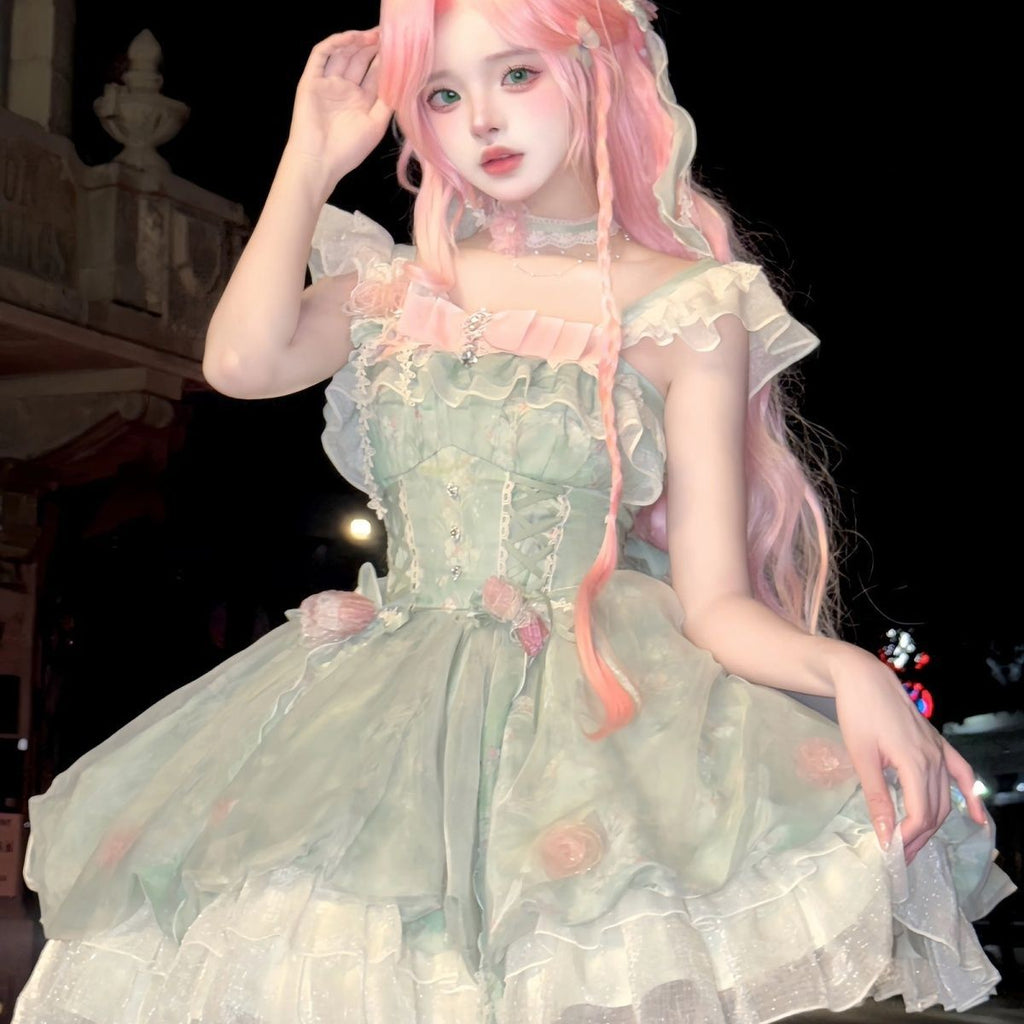 Sweet Lolita Mori Kei Fashion Green Flower Fairy Princess Bud Dress
