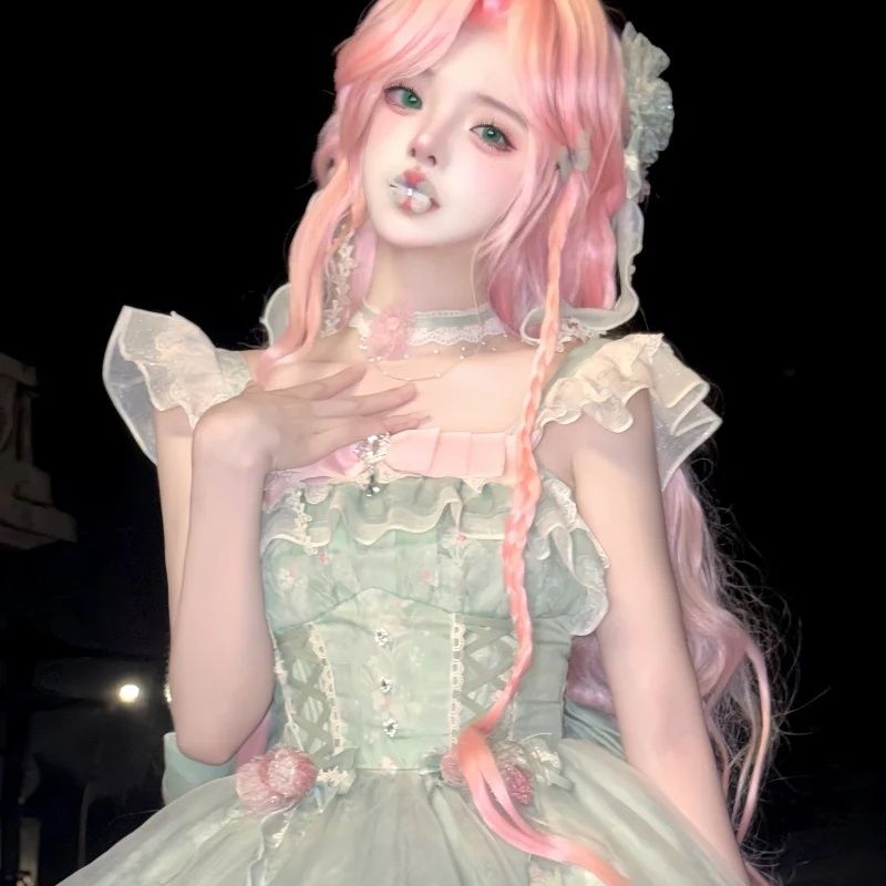 Sweet Lolita Mori Kei Fashion Green Flower Fairy Princess Bud Dress