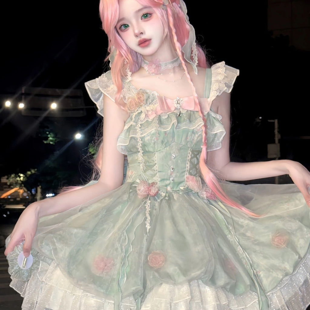 Sweet Lolita Mori Kei Fashion Green Flower Fairy Princess Bud Dress
