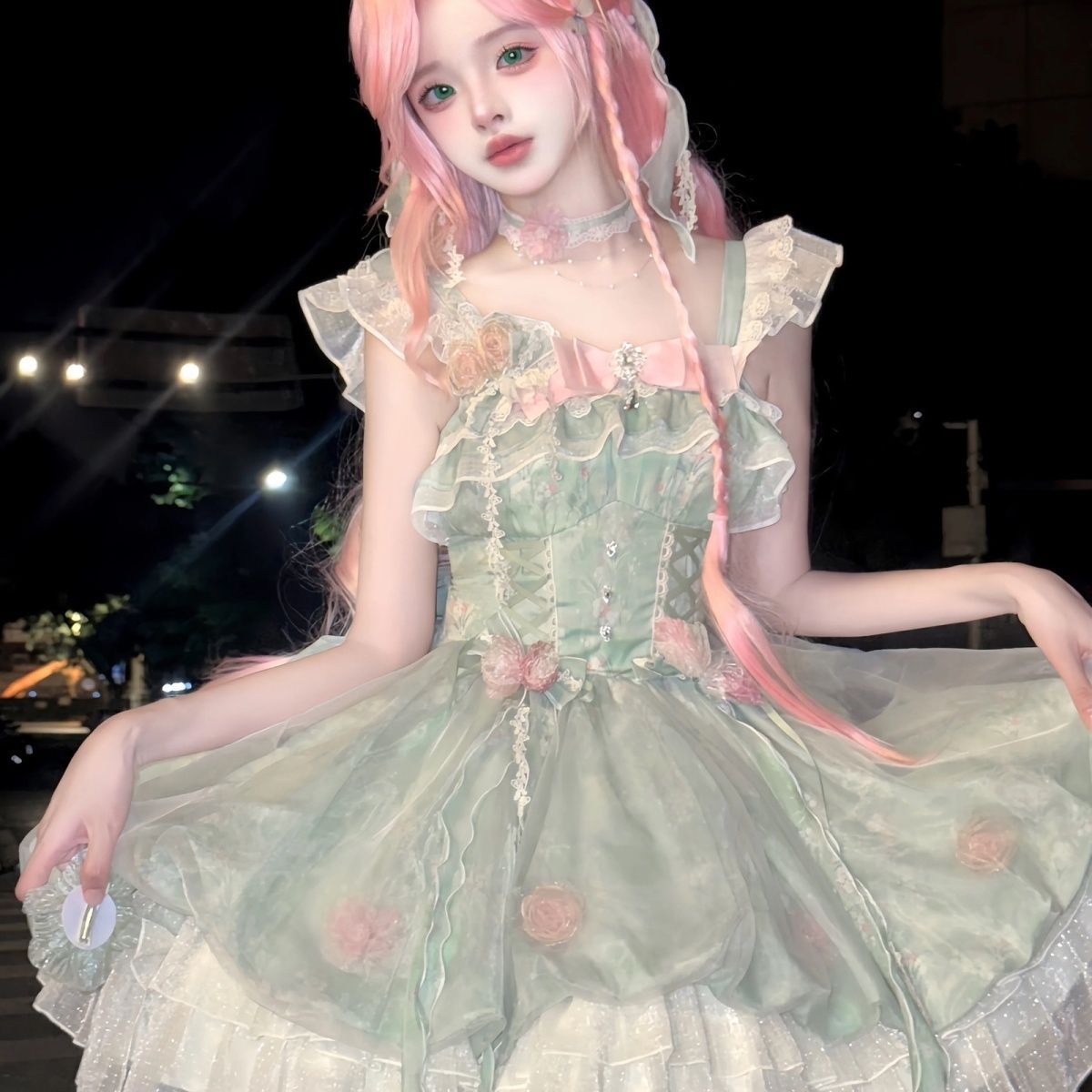 Sweet Lolita Mori Kei Fashion Green Flower Fairy Princess Bud Dress