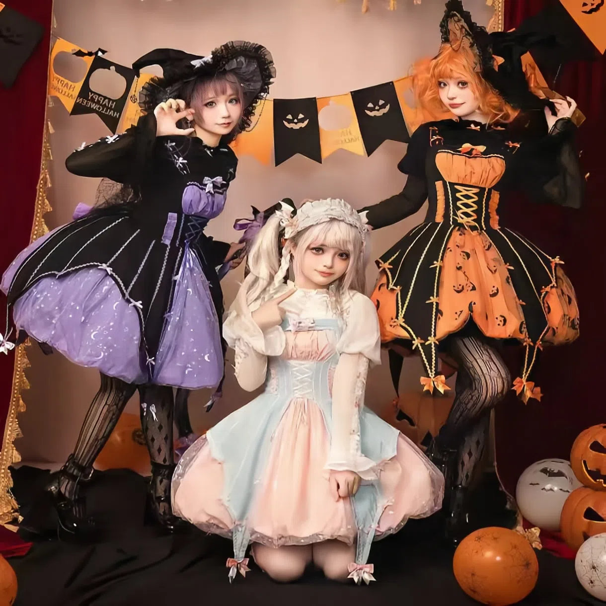 Sweet Lolita Orange Jack-O-Lantern Witch Costume  Dress for Halloween 2 Colors