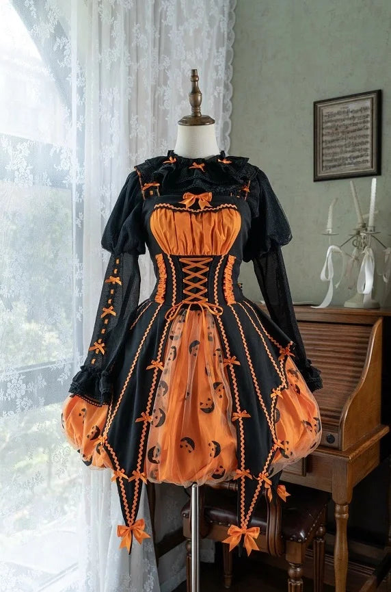 Sweet Lolita Orange Jack-O-Lantern Witch Costume  Dress for Halloween 2 Colors