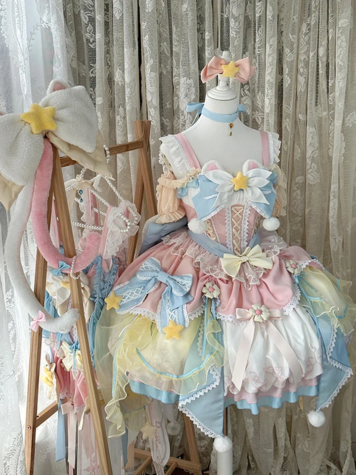 Sweet Lolita Pink and Blue Princess Dress with Flower Summer for Christmas