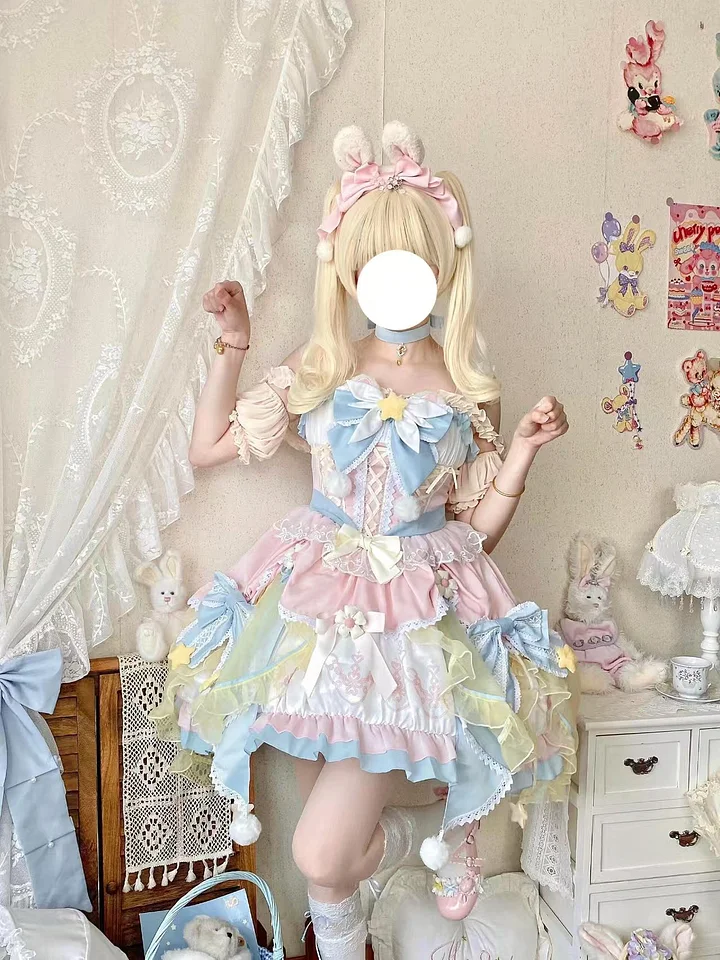 Sweet Lolita Pink and Blue Princess Dress with Flower Summer for Christmas