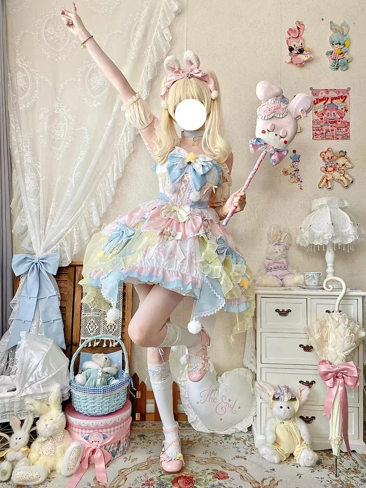 Sweet Lolita Pink and Blue Princess Dress with Flower Summer for Christmas