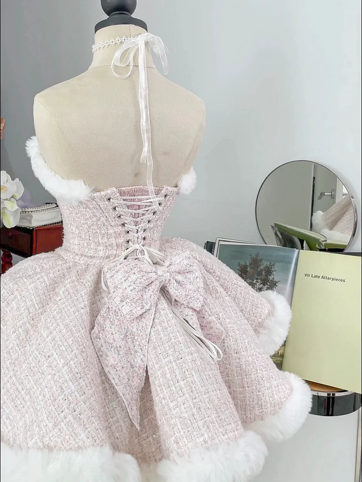 Sweet Lolita Pink Plush Dress Princess Dress for Winter Cloak Three Piece Set