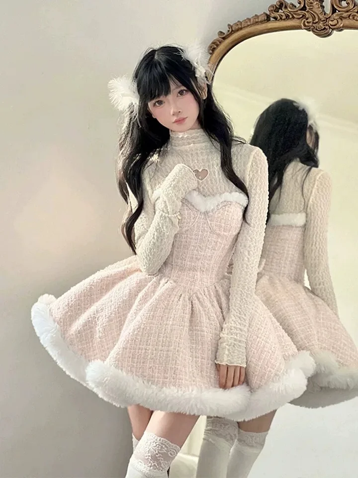 Sweet Lolita Pink Plush Dress Princess Dress for Winter Cloak Three Piece Set
