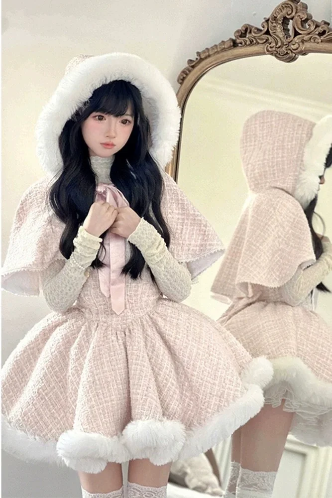 Sweet Lolita Pink Plush Dress Princess Dress for Winter Cloak Three Piece Set