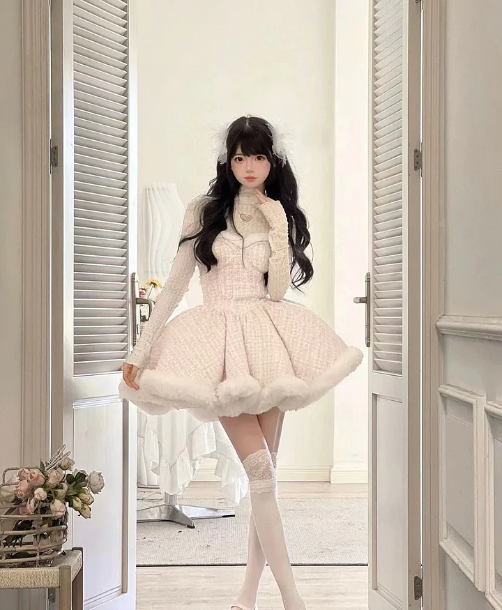Sweet Lolita Pink Plush Dress Princess Dress for Winter Cloak Three Piece Set
