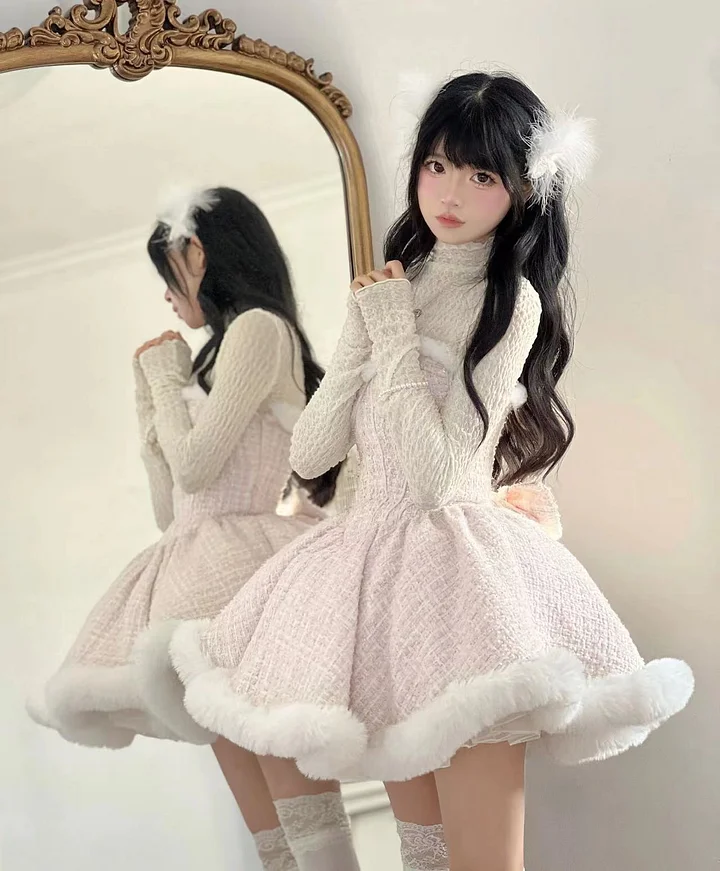 Sweet Lolita Pink Plush Dress Princess Dress for Winter Cloak Three Piece Set