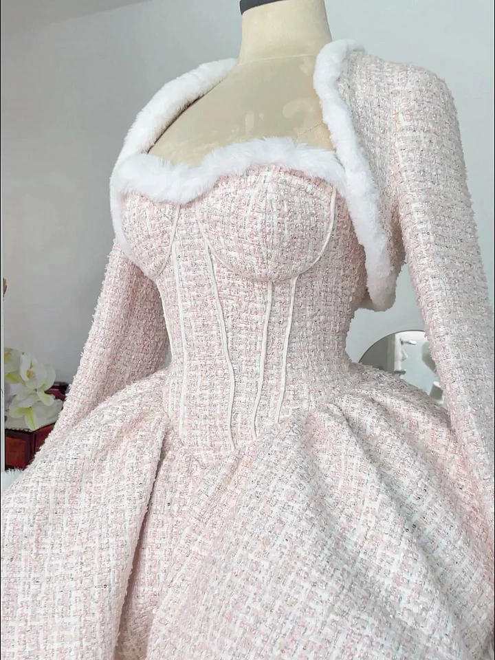 Sweet Lolita Pink Plush Dress Princess Dress for Winter Cloak Three Piece Set
