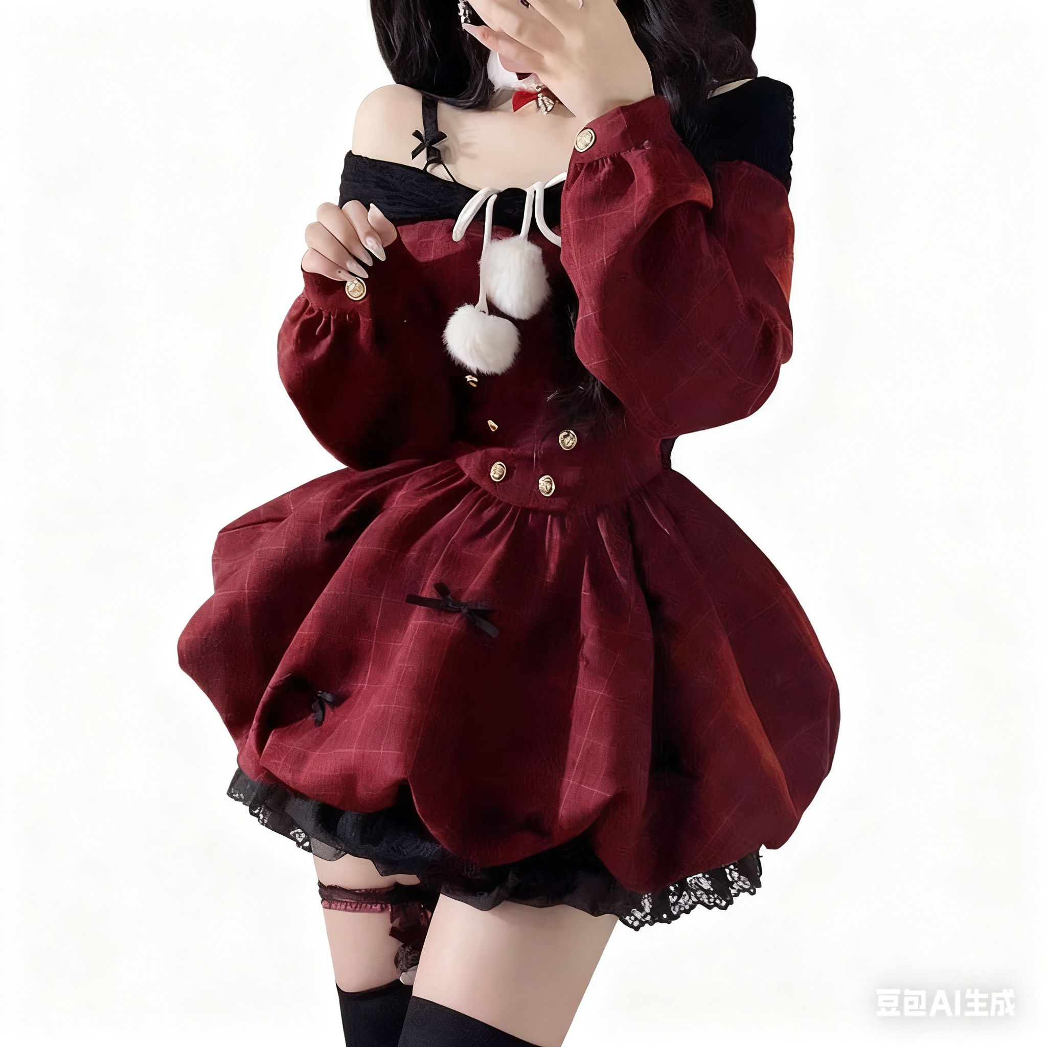 Sweet Lolita Red Off-Shoulder Long Sleeve Flared Dress Winter for Christmas