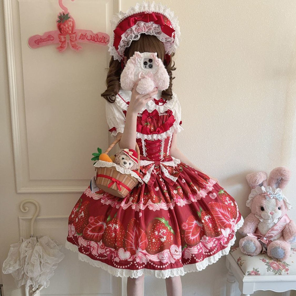 Sweet Lolita Red Strawberry Pattern Suspender Cute Short Sleeve for Tea Party