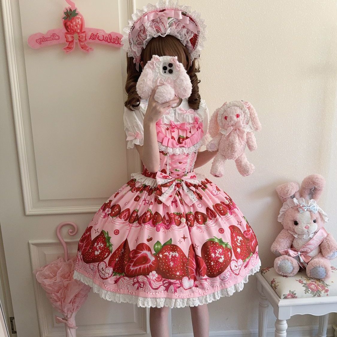 Sweet Lolita Red Strawberry Pattern Suspender Cute Short Sleeve for Tea Party