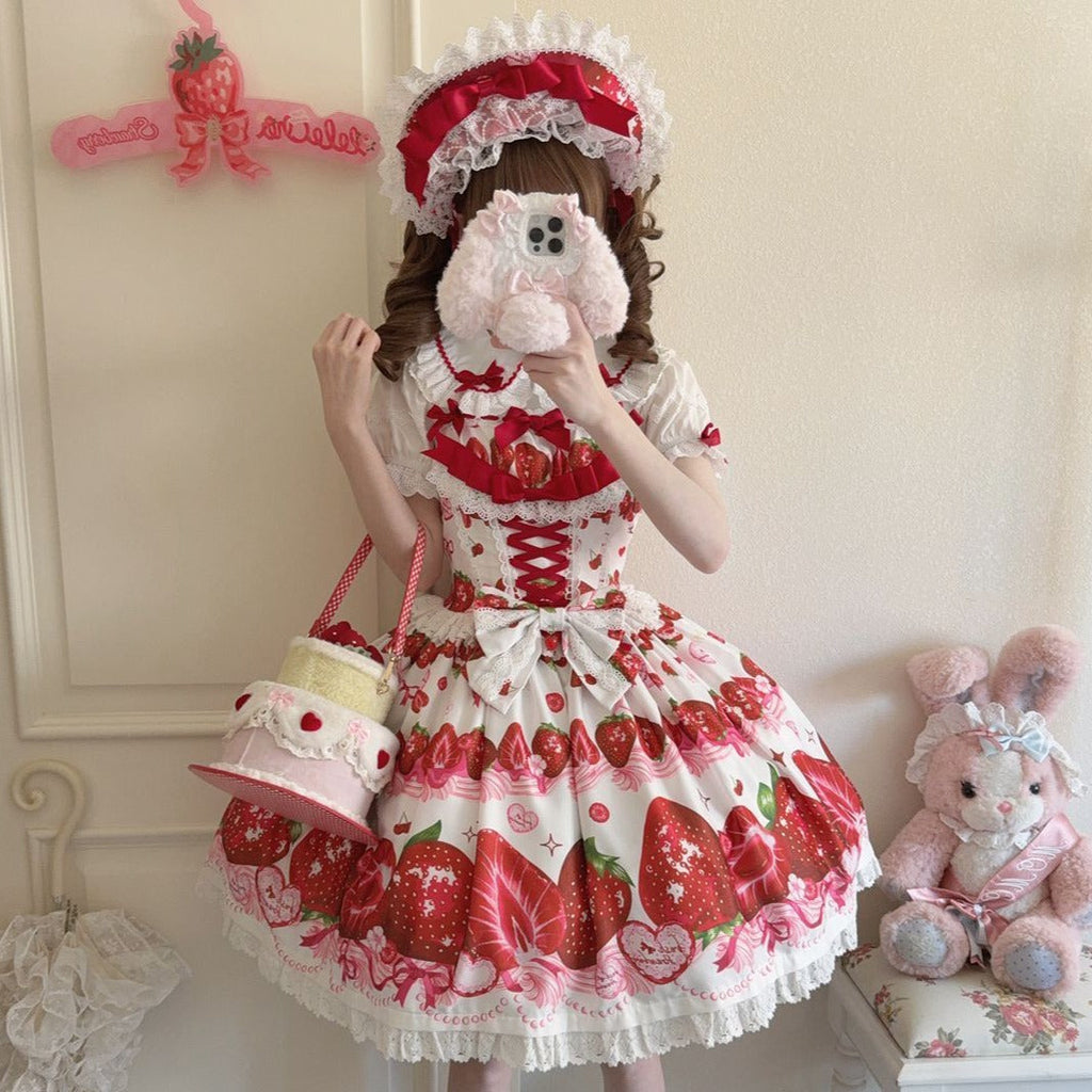 Sweet Lolita Red Strawberry Pattern Suspender Cute Short Sleeve for Tea Party