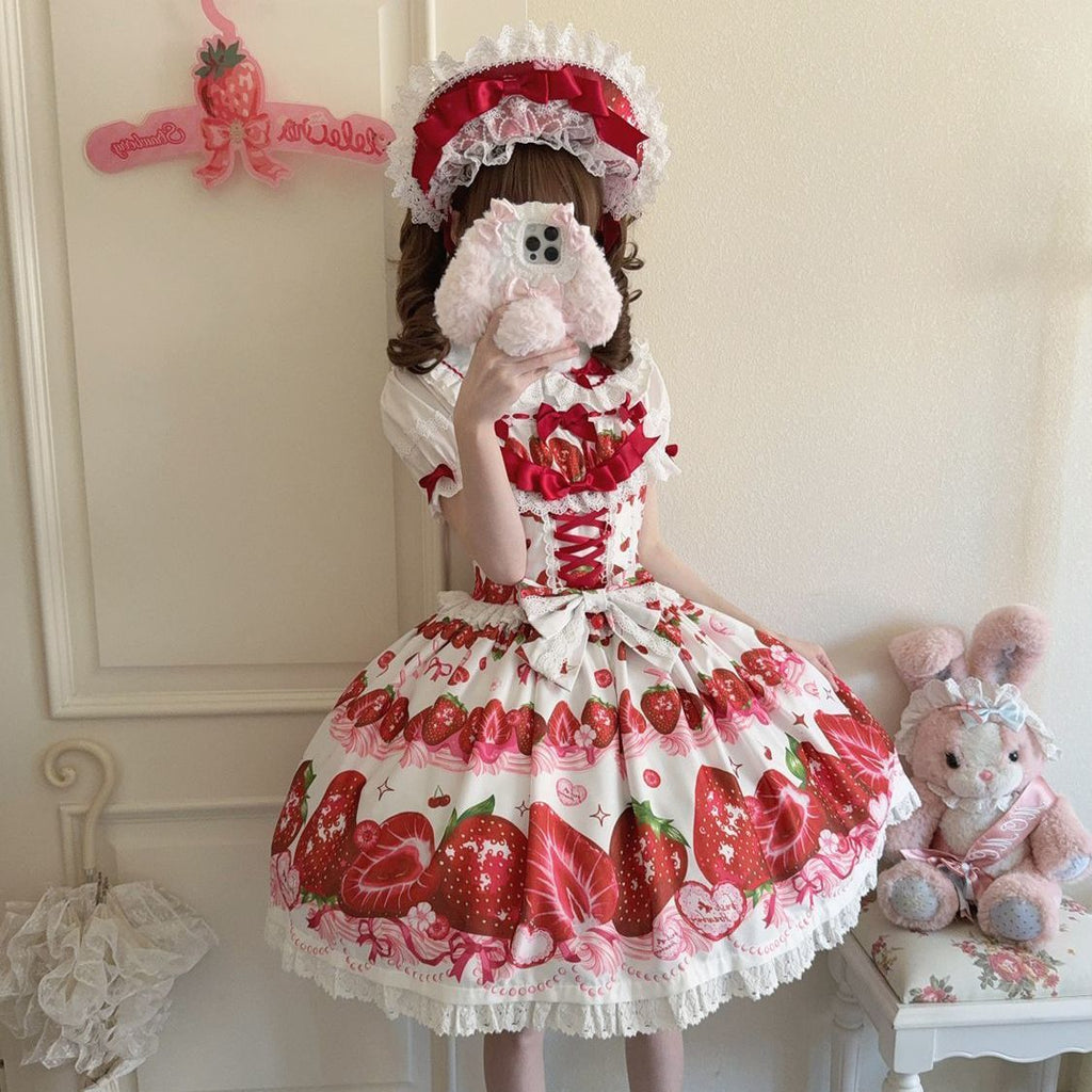 Sweet Lolita Red Strawberry Pattern Suspender Cute Short Sleeve for Tea Party