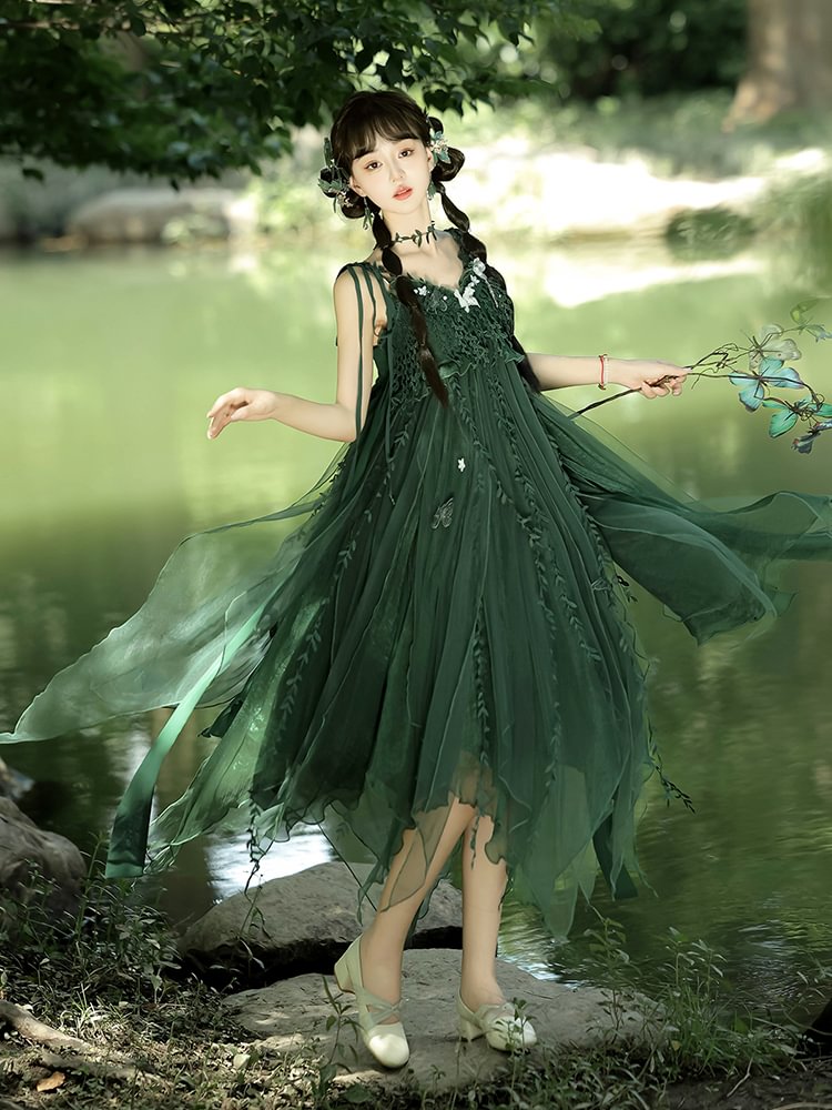 Sweet Mori Kei Lolita Green Fairy Forest Dress Yarn Suspender Dress Elf