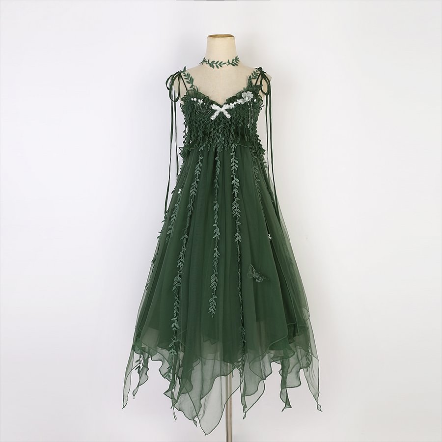 Sweet Mori Kei Lolita Green Fairy Forest Dress Yarn Suspender Dress Elf