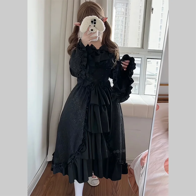 Classic Lolita Vintage Victorian Black Long Sleeve Dress Plus Size for Halloween