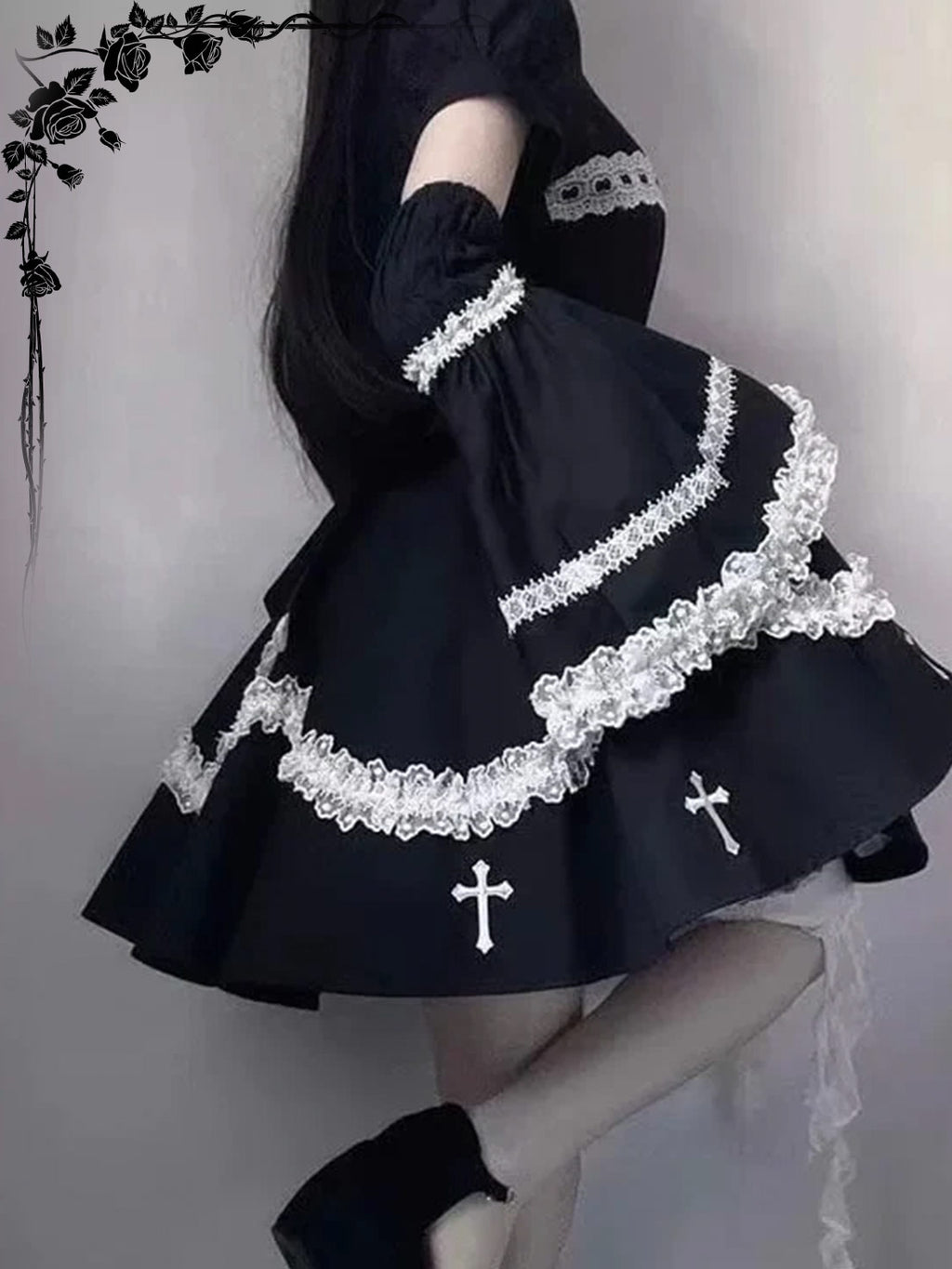 Goth Lolita Black Y2K Subculture Cross Hot Girl One Piece Short Dress For Halloween