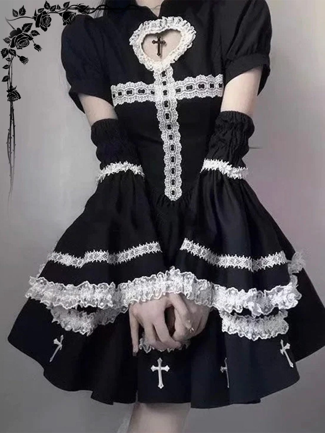 Goth Lolita Black Y2K Subculture Cross Hot Girl One Piece Short Dress For Halloween