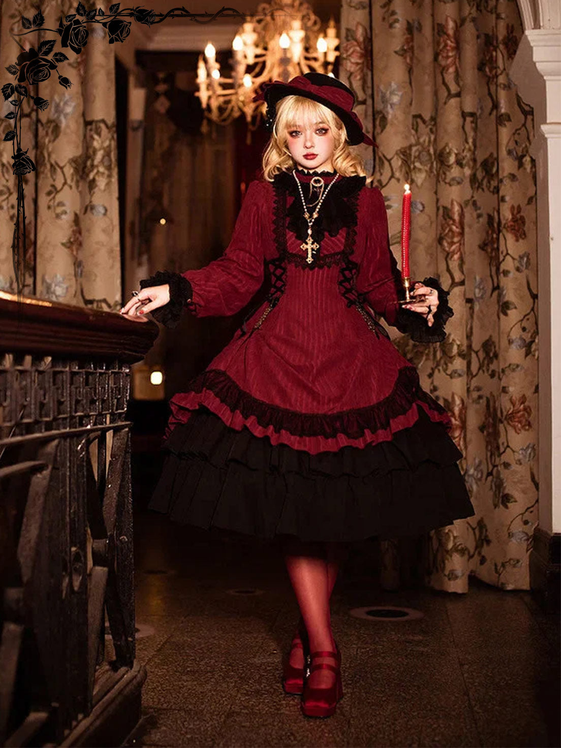 Goth Lolita Classic Vintage Dress Victorian Black Red Maxi Dresses