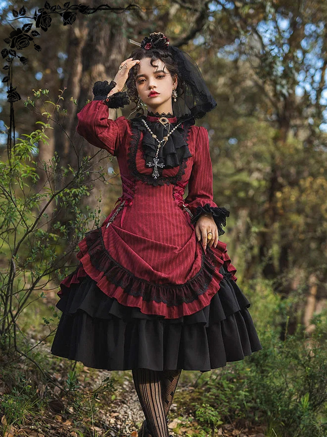 Goth Lolita Classic Vintage Dress Victorian Black Red Maxi Dresses