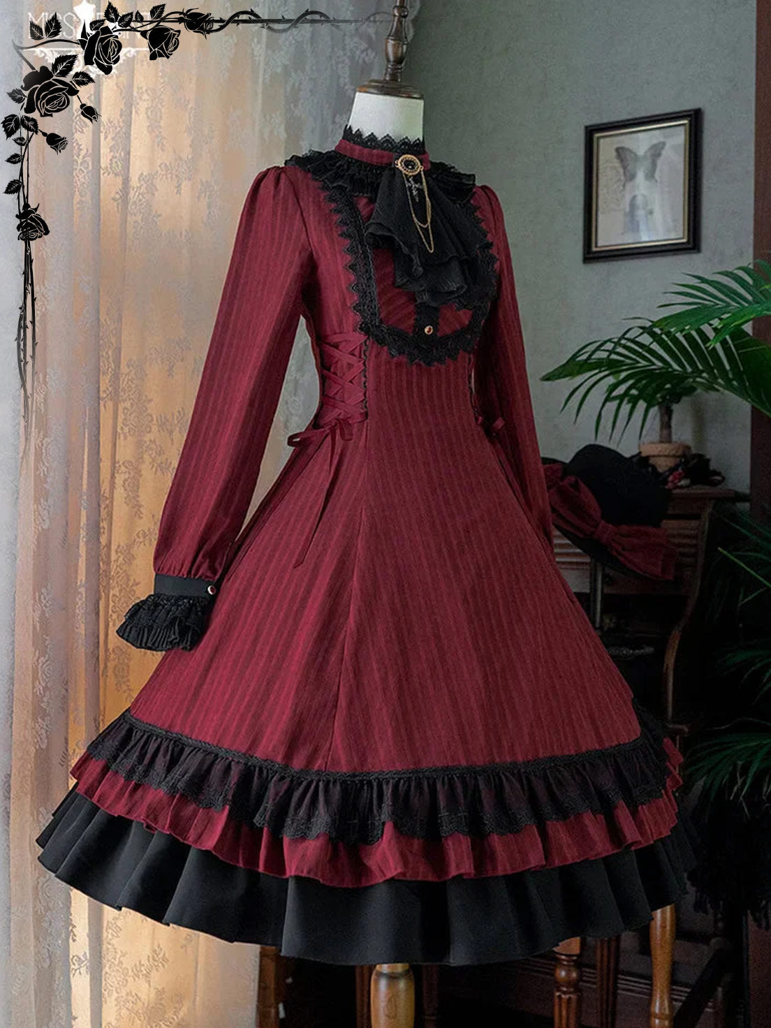 Goth Lolita Classic Vintage Dress Victorian Black Red Maxi Dresses