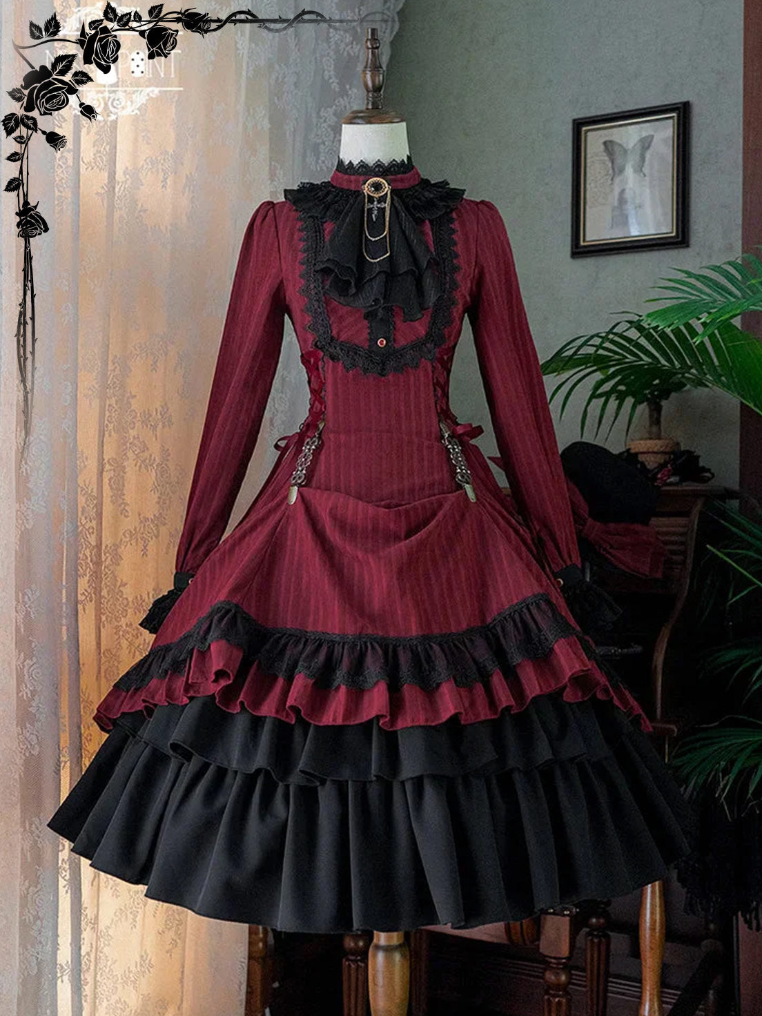 Goth Lolita Classic Vintage Dress Victorian Black Red Maxi Dresses