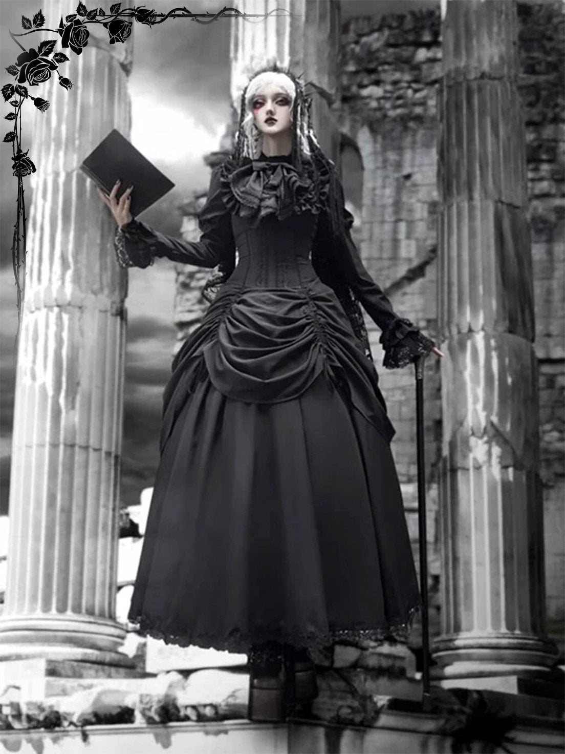 Goth Prom Lolita Diablo Black Long Ruffled Gown Dress