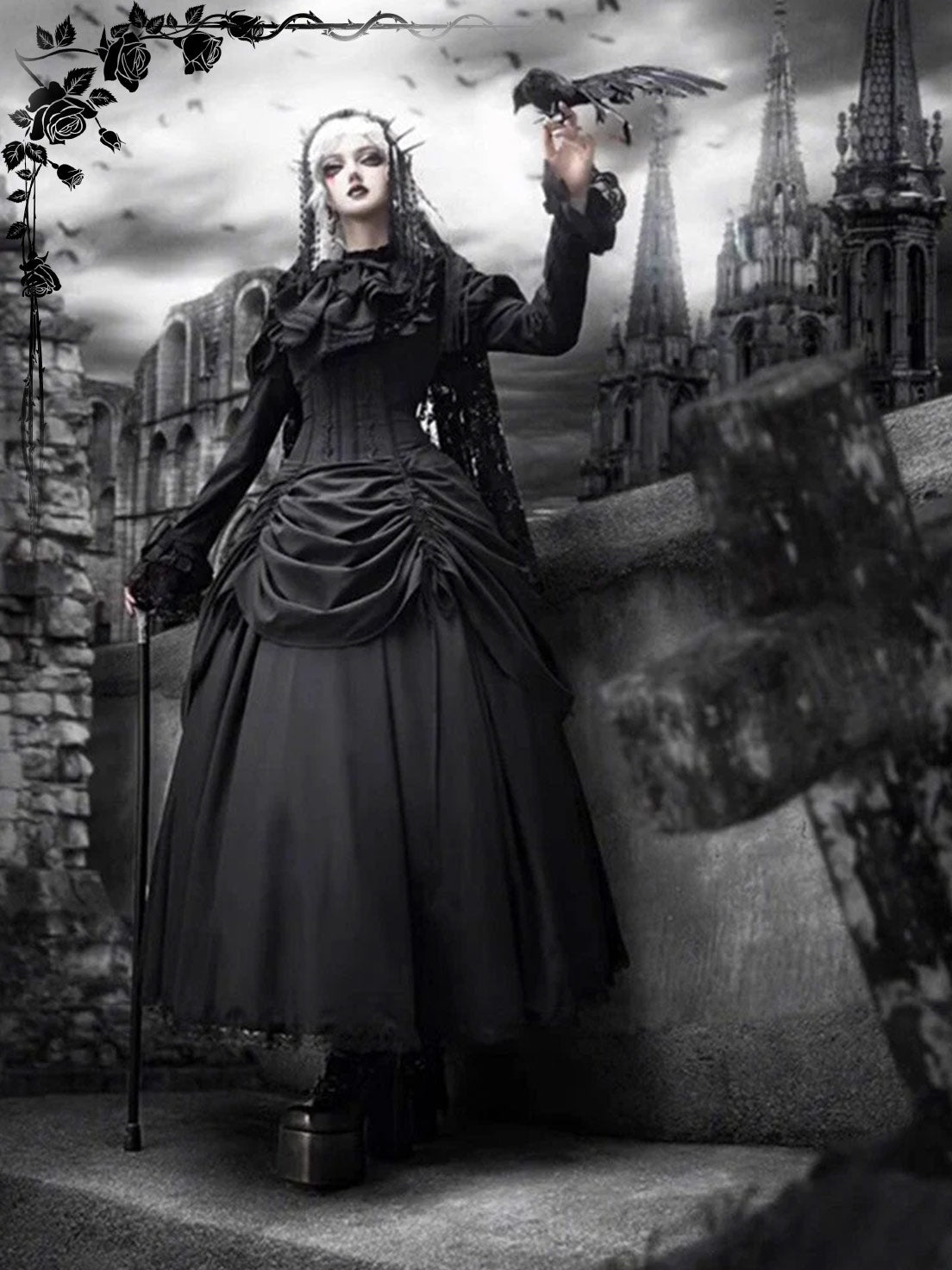 Goth Prom Lolita Diablo Black Long Ruffled Gown Dress