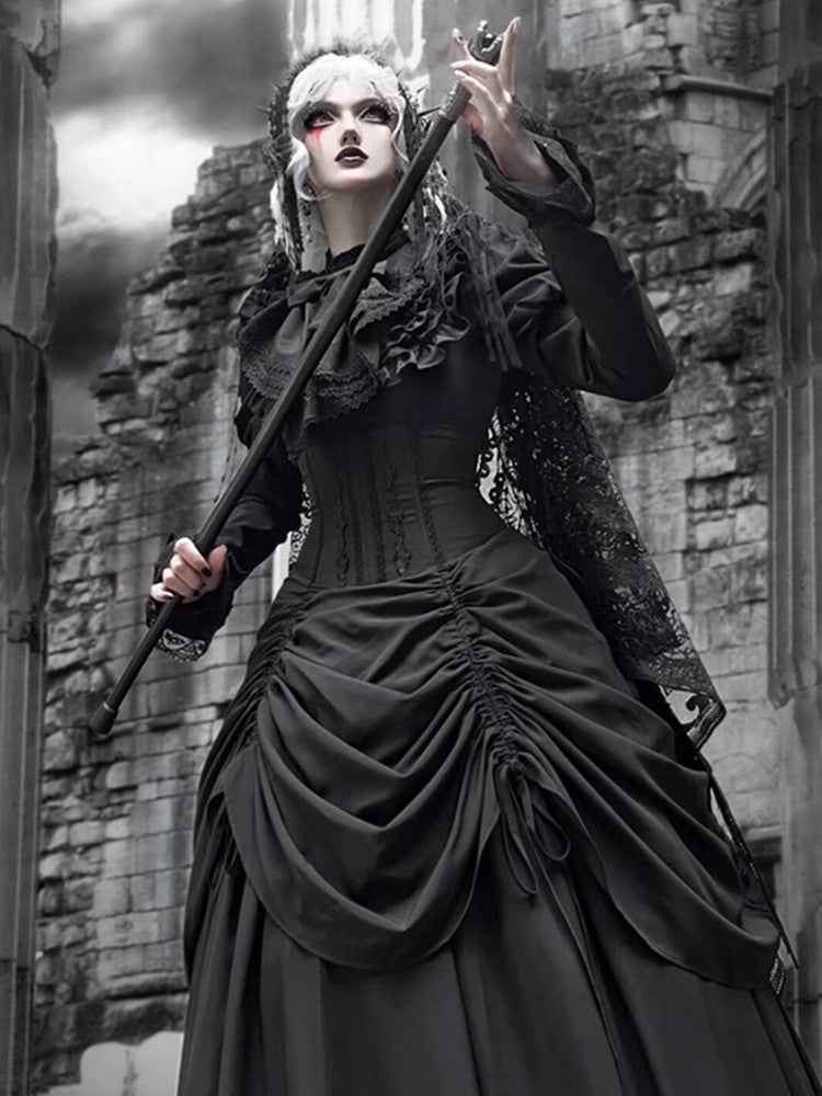 Goth Prom Lolita Diablo Black Long Ruffled Gown Dress