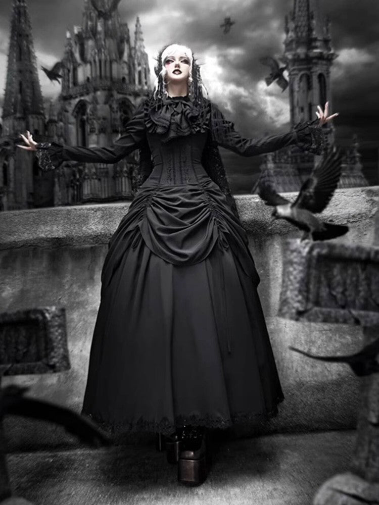 Goth Prom Lolita Diablo Black Long Ruffled Gown Dress