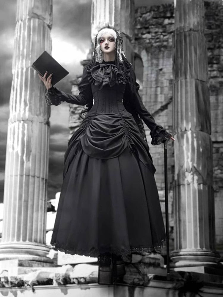 Goth Prom Lolita Diablo Black Long Ruffled Gown Dress