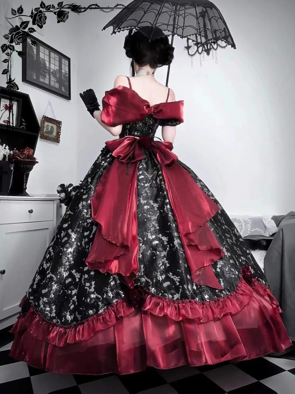 Gothic Lolita Ball Gown Prom Evening Dress Black Red Off Shoulder Ruffles for Party