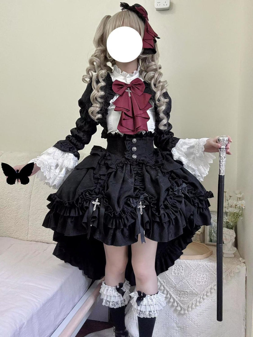Gothic Lolita Black Burgundy Asymmetric Skirt Dress with Ruffled Bow Set