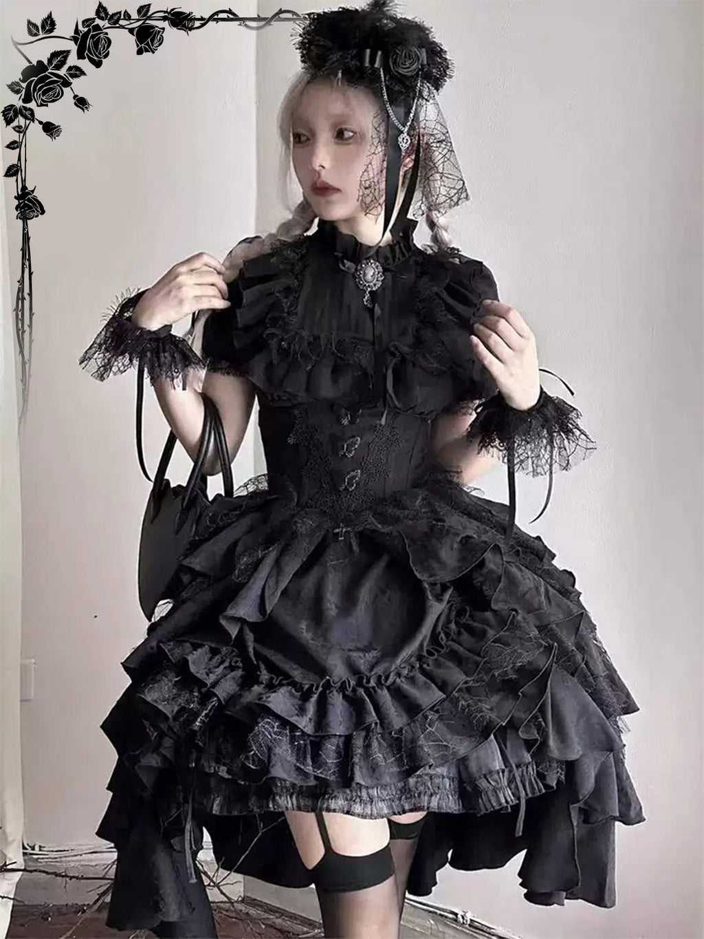Gothic Lolita Dark Black Vampire Count Lift Blouse Skirt Layer Dress