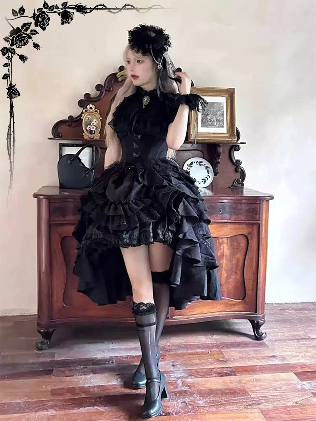 Gothic Lolita Dark Black Vampire Count Lift Blouse Skirt Layer Dress