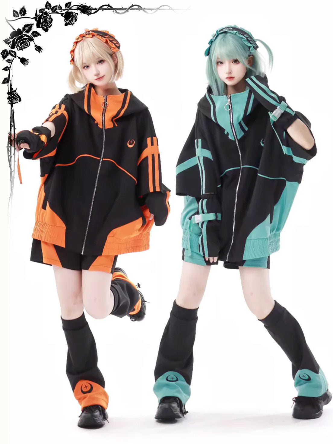 Gothic Lolita Jirai Kei Cyberpunk Set Green Hoodie Oversized Streetwear Outfit 2 Colors