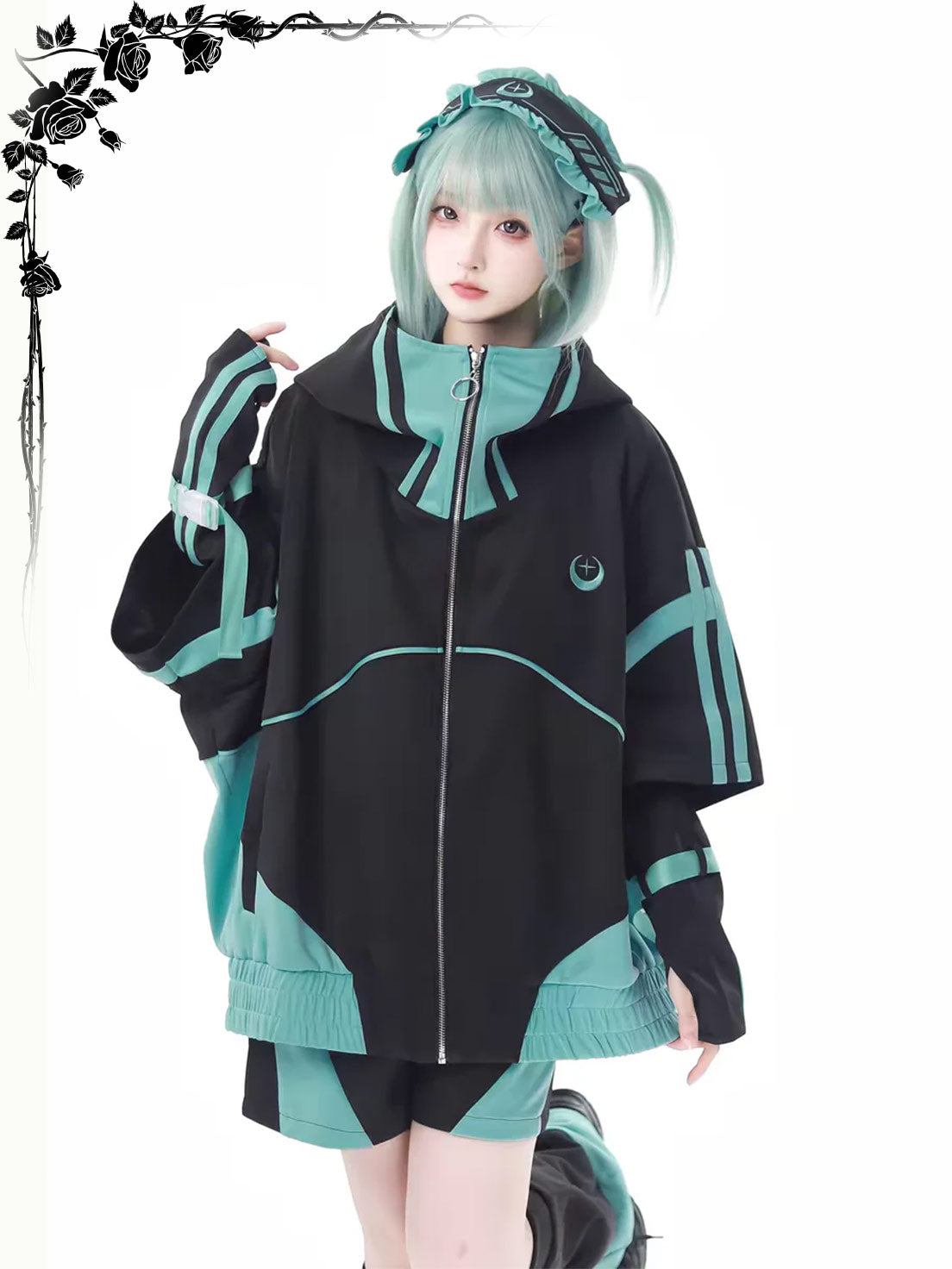 Gothic Lolita Jirai Kei Cyberpunk Set Green Hoodie Oversized Streetwear Outfit 2 Colors